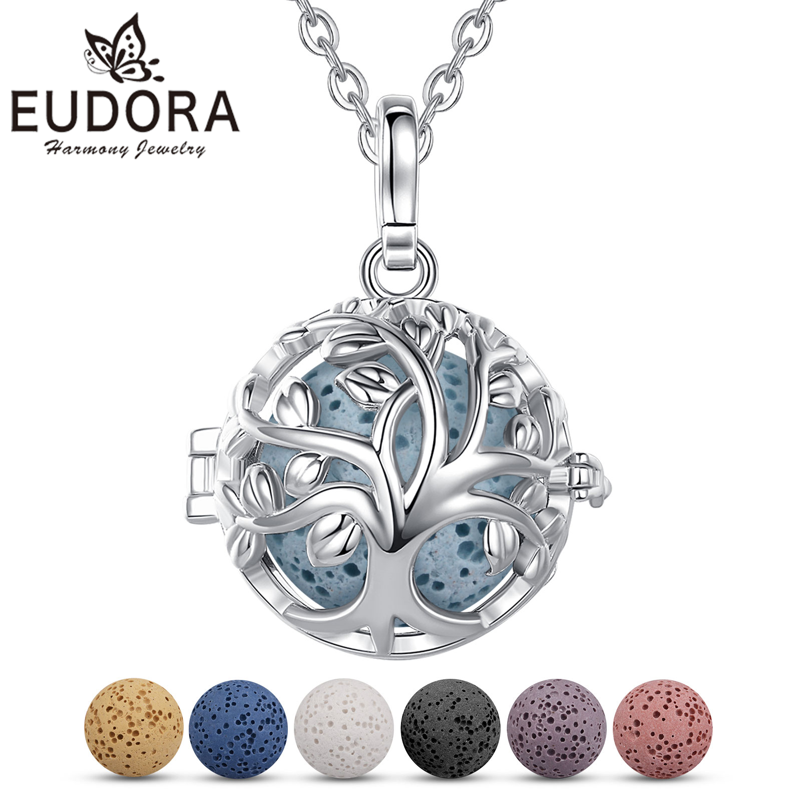 EUDORA 18mm Tree of Life Cage Lave Pendant Aromatherapy Locket Diffuser Necklace Fit Volcanic Lava Stone Ball Fine Women Jewelry