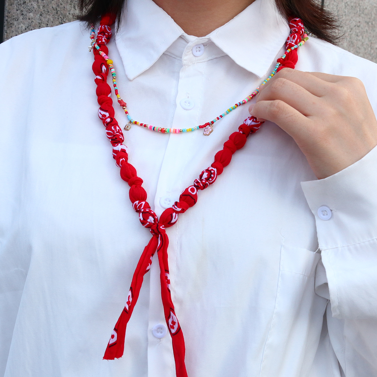 AENSOA Bohemia Colorful Printing Fabric Acrylic Beaded Bandana Necklaces for Women Handmade Ethnic Long Necklace Jewelry Gifts