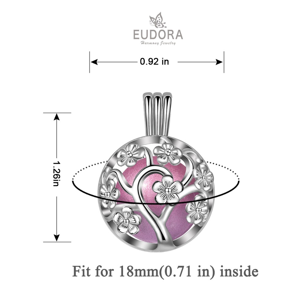 Eudora handmade 18mm fashion Harmony Bola Ball Peach Tree Locket Cage Pendant fit Chime Ball sound Necklace Jewelry For Women K307N18