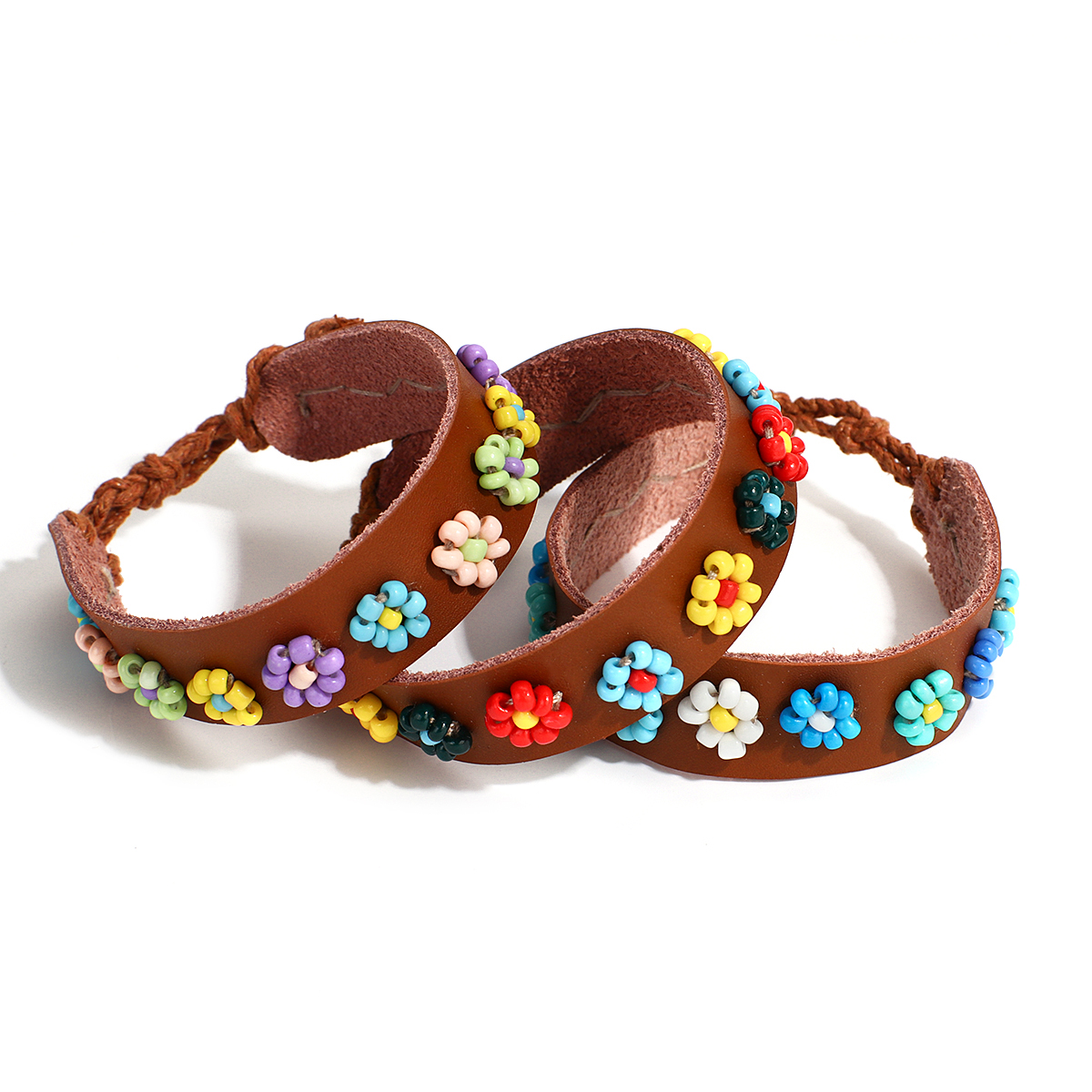 AENSOA Handmade Beaded Flower Daisy Leather Bracelet for Women Boho Colorful Seed Beads Wrap Bracelet Bangle Frendship Jewelry