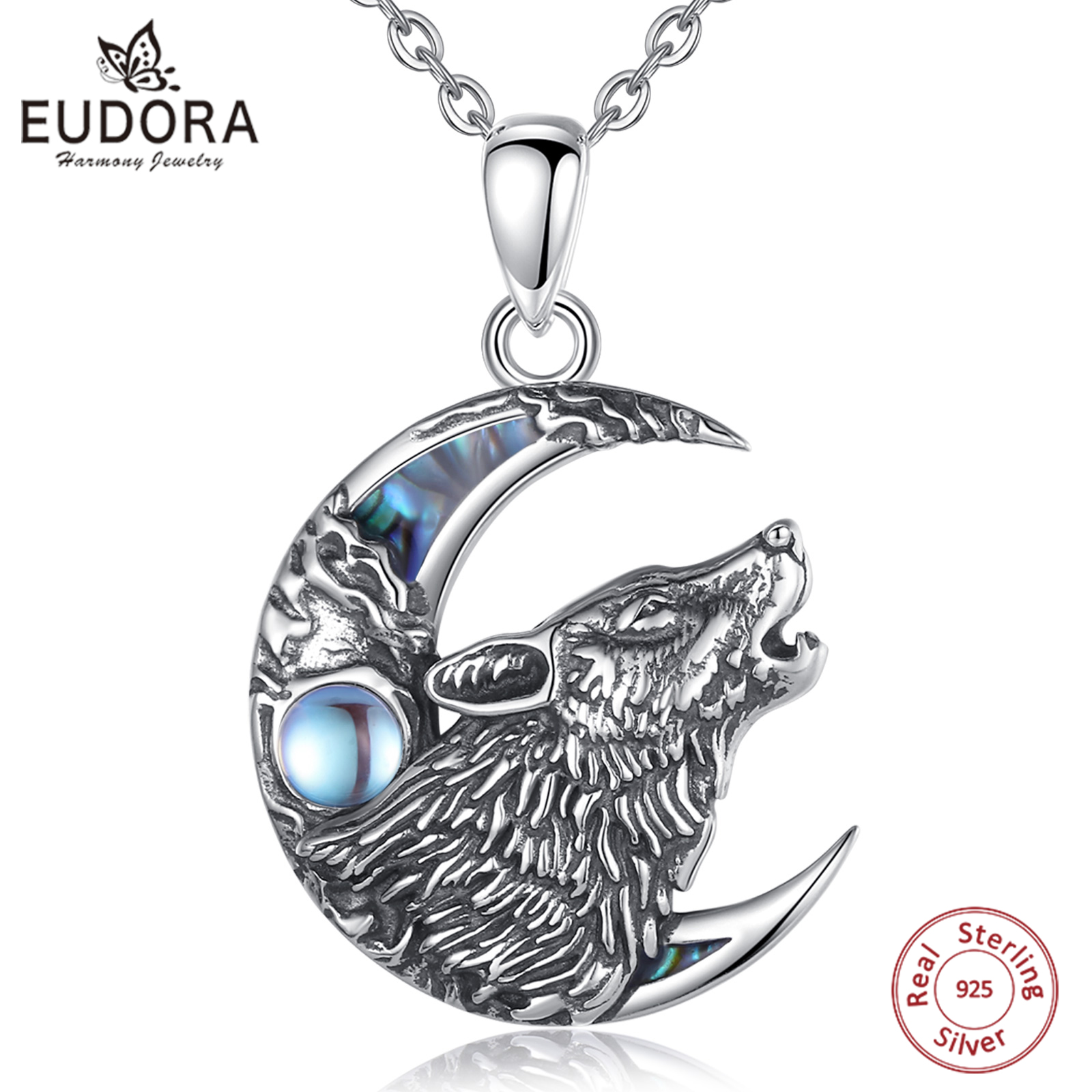 Eudora handmade 925 Sterling Silver Wolf on the Moon Necklace Moonstone Wolf Pendant Animal Series Jewelry for Warriors Men’women Gift