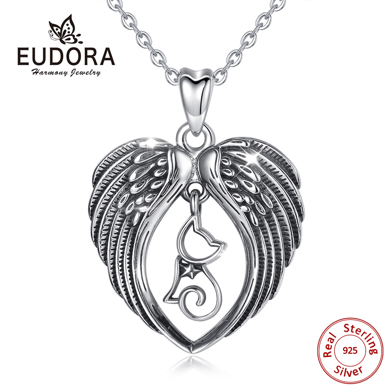 EUDORA handmade 925 Sterling Silver Lovely Cat & Angel Wing Heart Pendant Necklace Sterling Silver Vintage Jewelry Exquisite Gift CYD410 1