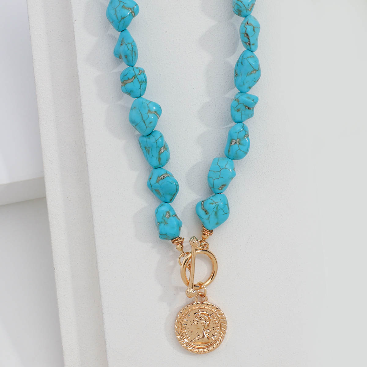 AENSOA Bohemia Blue Stone Beaded Choker Necklaces for Women Ethnic Golden Metal Portrait Coin Pendant Beads Chain Jewlery 2022