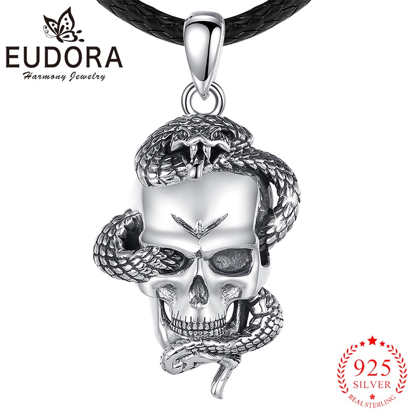 Eudora 925 Sterling Silver Punk Skull Snake Necklace Gothic Pendant Hip Hop Cool Men Women Personality Jewelry Party Gift