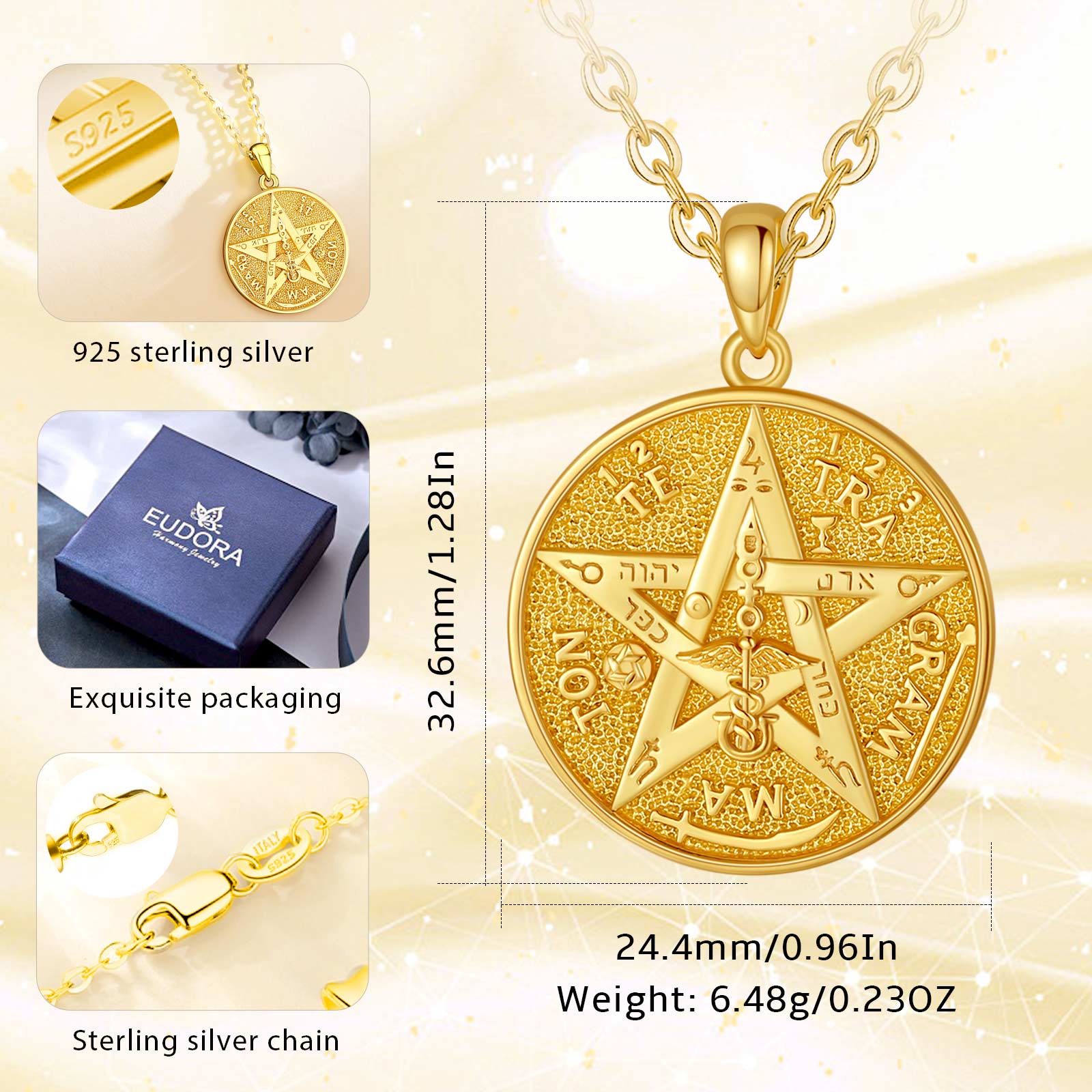 Eudora 925 Sterling Silver Pentagram Runes Necklaces for Women Man 18K Gold Amulet Guardian Star Tetragrammaton Pendant Gift