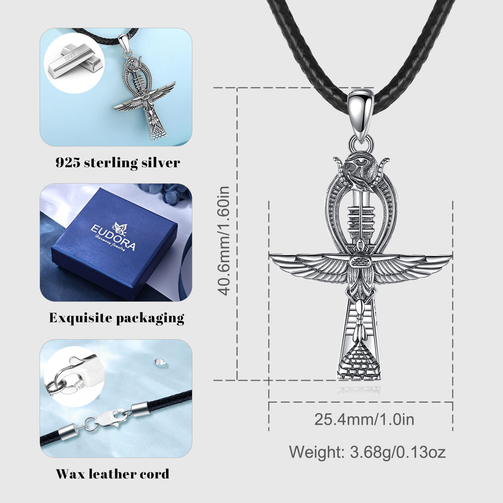 Eudora 925 Sterling Silver Ankh Cross Necklace for Women Man Eagle Scarab Eye Of Horus Amulet Pendant Egyptian Jewelry Fine Gift
