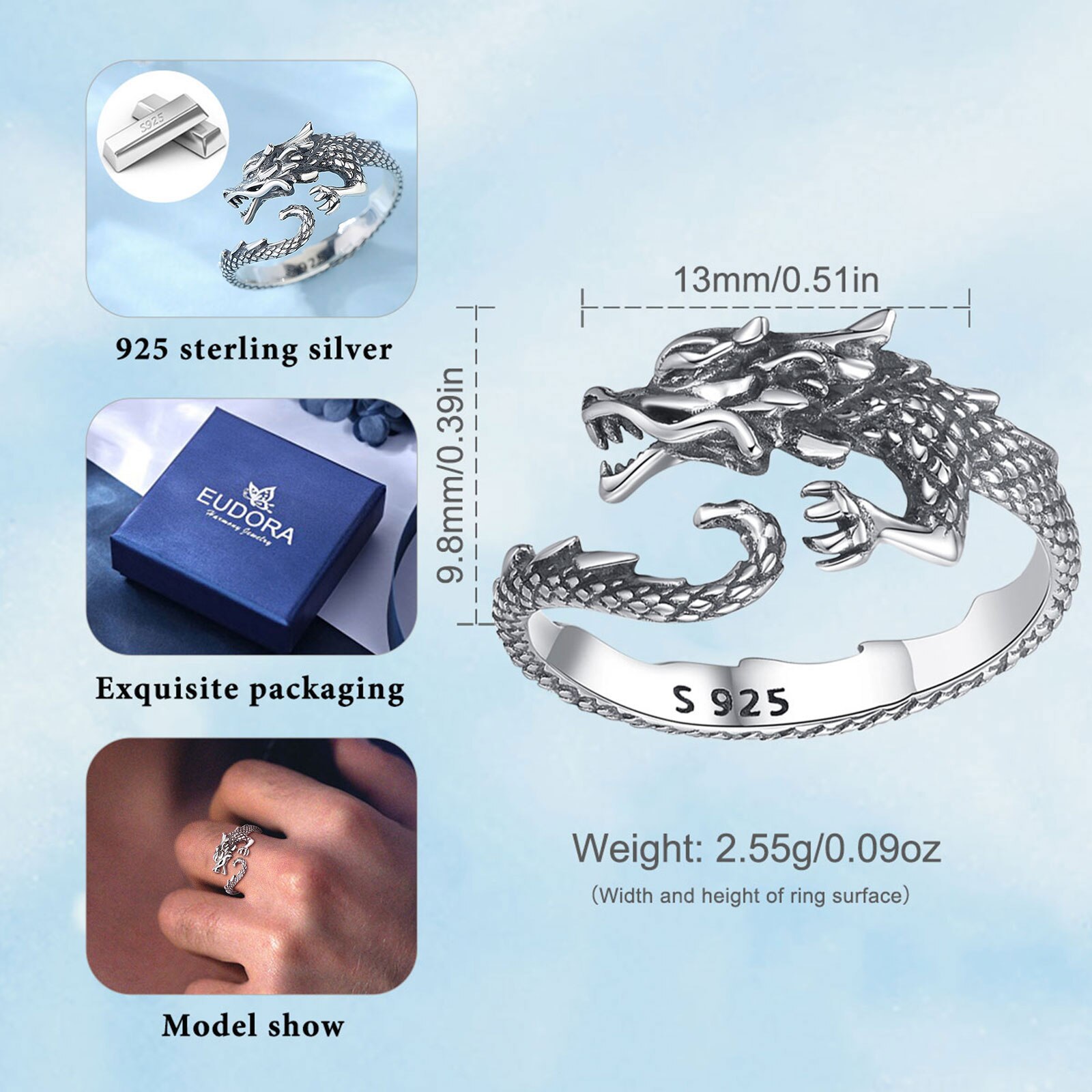 Eudora 925 Sterling Silver Cool Dragon Adjustable Ring for Men Women Temperament Personality Dragon Ring vintage Jewelry Gift 2