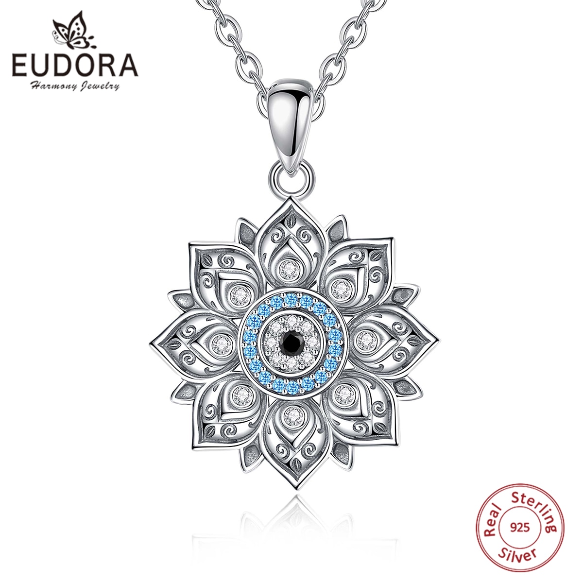 Eudora 925 Sterling Silver Lotus Evil Eye Necklace for Women Man Vintage Evil Eye Lotus Flower Pendant Personality Jewelry Gift