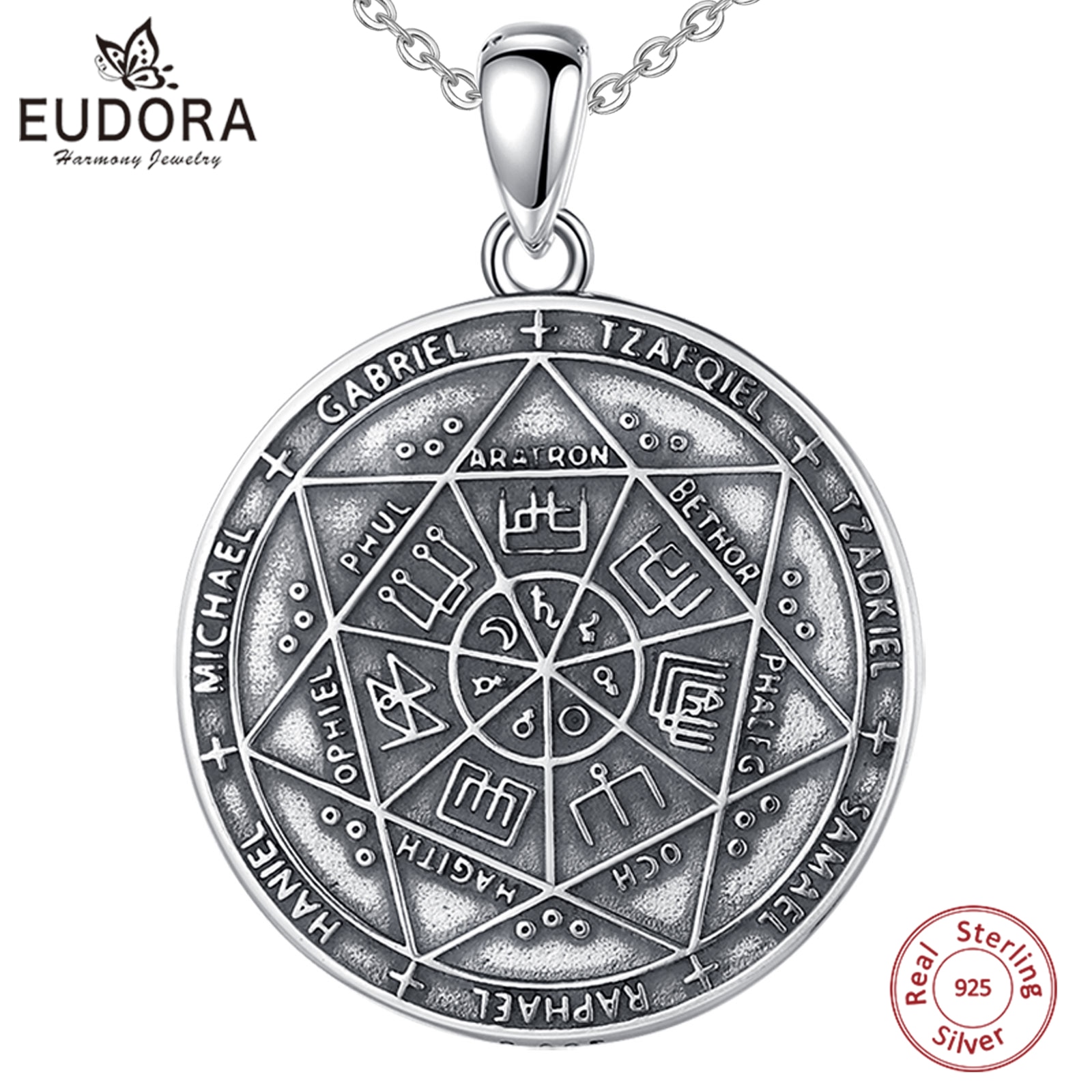 Eudora 925 Sterling Silver Seven Archangels Amulet Necklace for Man Vintage Rune Summon Magic Circle Pendant Personality Jewelry