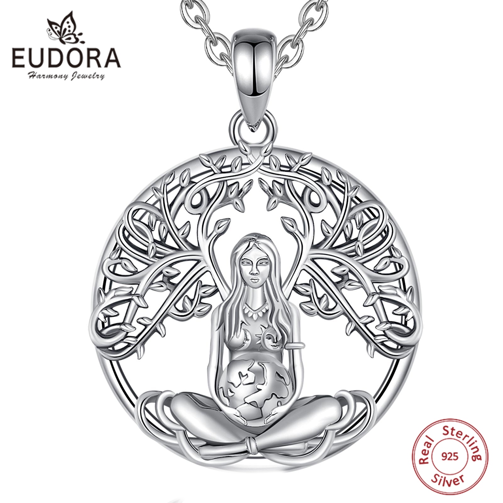 Eudora 925 Sterling Silver Mother Earth Necklace for Man Women Vintage Goddess Mother Earth Pendant Witch Jewelry Wicca Gift