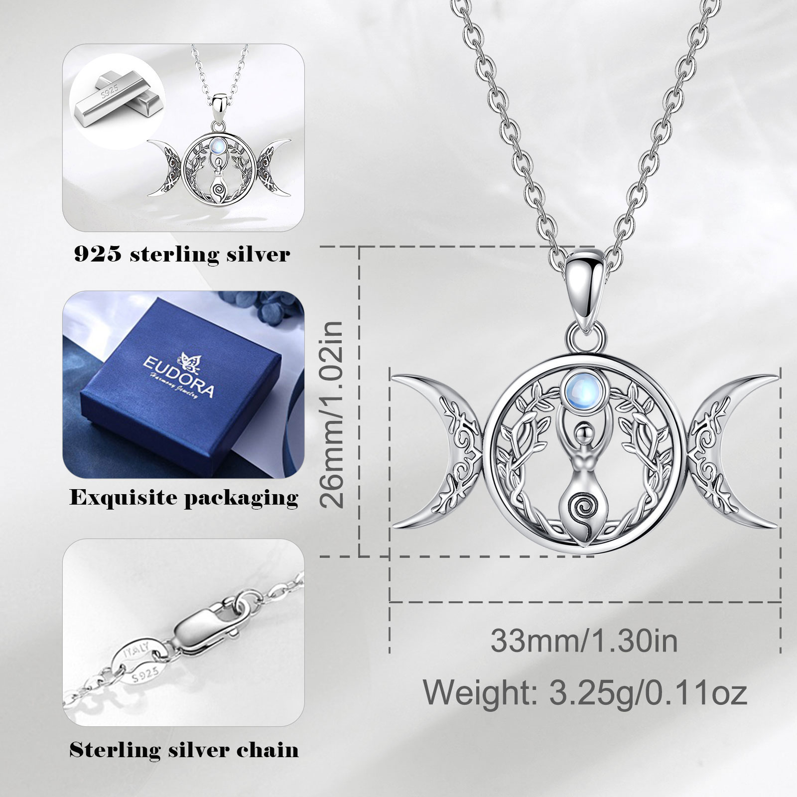 Eudora 925 Sterling Silver Triple Moon Goddess Necklace for Women Man Moonstone Tree of Life Amulet Pendant Witch Jewelry Gift
