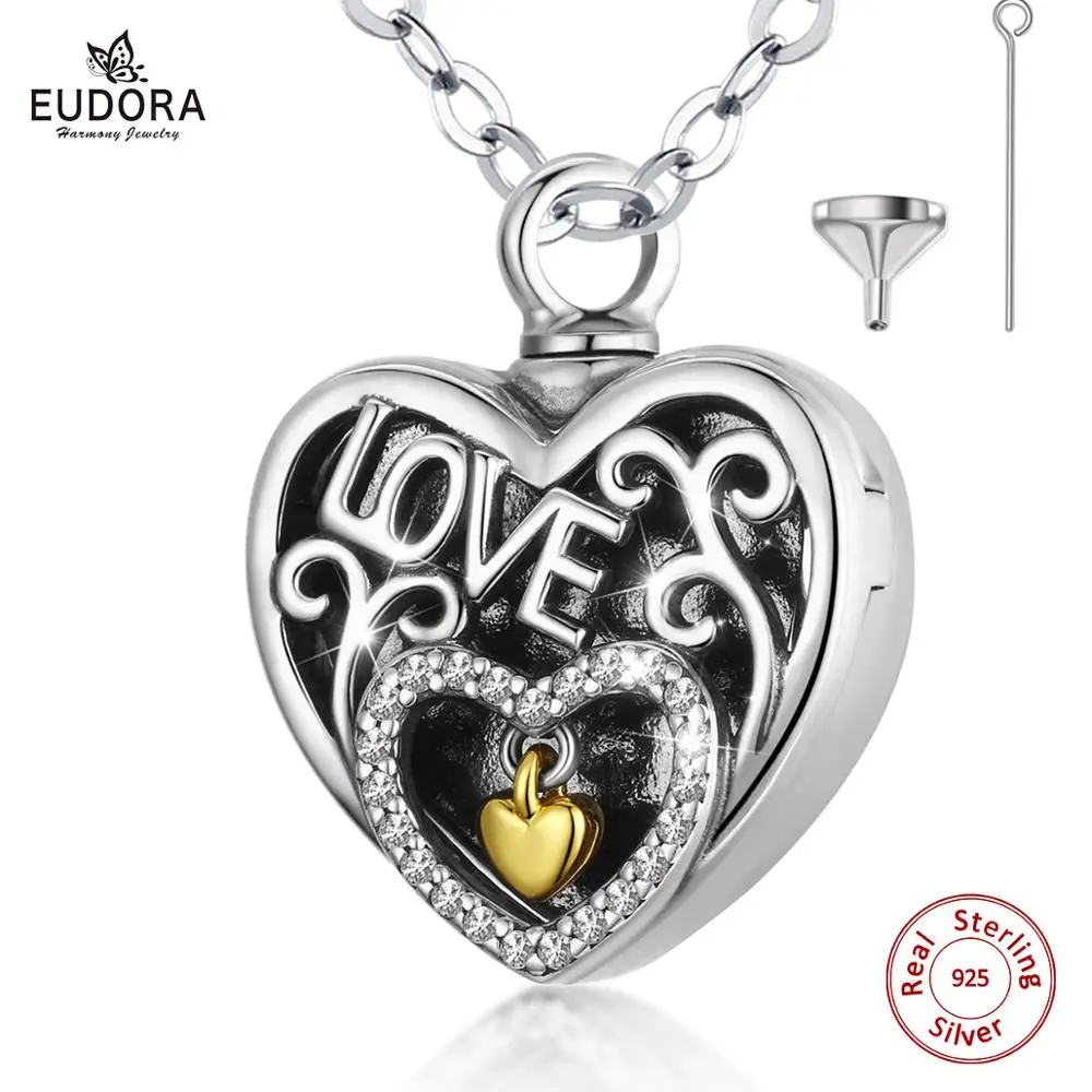 Eudora 925 Sterling Silver Heart Locket Heart Cremation Memorial Ashes Urn Gold Color Heart Charm Love Necklace Jewelry Keepsake